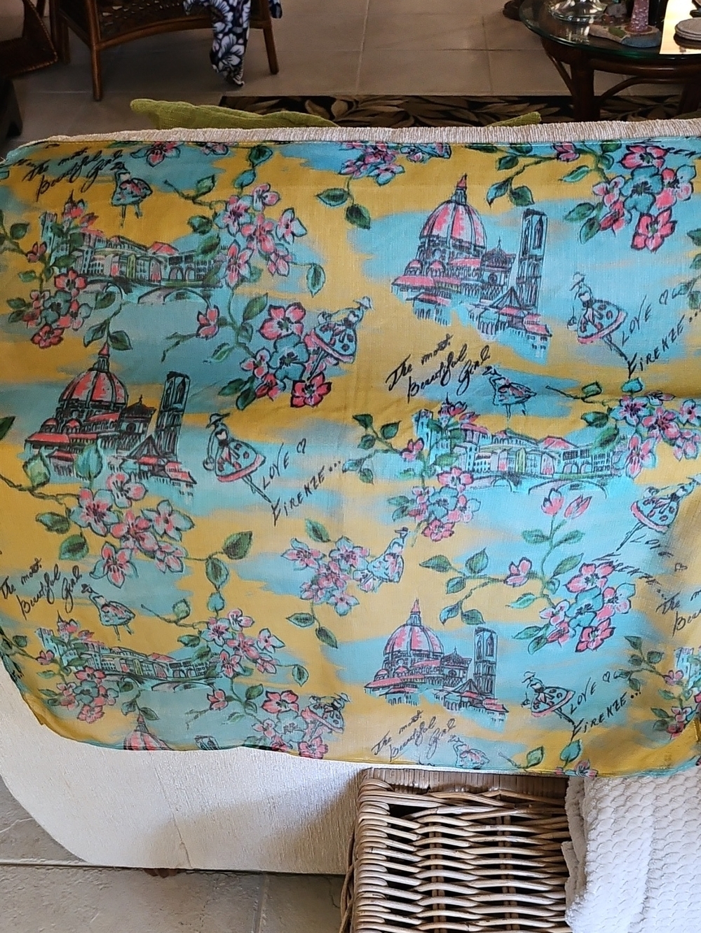 Patricia Nash Yellow & Aqua Floral Scarf with Cityscape Print - Picture 2 of 4